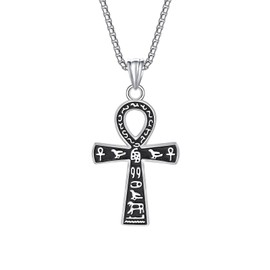 Yaumatea Ankh Cross Necklace, Key of Life Pendant, Ancient Egyptian Religious Jewelry, Powerful Protection Amulet, Stainless Steel 24" Chain (Ankh Cross, Silver)