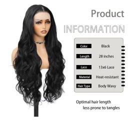 HD Lace Front Wig Human Hair Blend Highlights  Straight Long 28 Inch Black