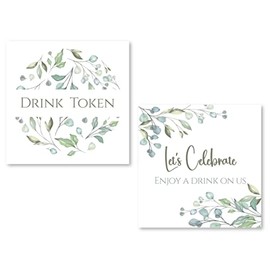 100 x Rustic Botanical 74mm Square Card Drink Tokens: Let's Celebrate - Enjoy a Drink on Us