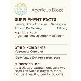 HerbEra Agaricus Blazei 120 Capsules, 500 mg, Agaricus (Agaricus blazei murill) Dried Mushroom (120 Capsules)