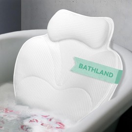 Bathland Bath Pillows for Tub - Luxury Bathtub Pillow Neck, Head, Back Support, Soft 4D Mesh Fabric and Non-Slip Suction Cups & Quick Dry, Fits All Tubs, Bath Soaking Accessories Spa Gifts, White