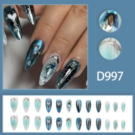 Medium Almond Press on Nails Cute Heart Fake Nails with Rhinestones Design Shine Gem Stick on Nails Silver Glossy Acrylic Nails Full Cover Star Glue on Nails for Women DIY Manicure Supplies 24Pcs