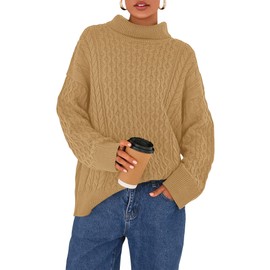 BTFBM Casual Women Fall Sweaters 2025 Long Sleeve Turtleneck Ribbed Knit Pullover Loose Cable Knit Sweater(Light Camel,X-Large)