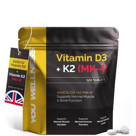 Vitamin D3 4000 IU & K2 MK-4 100μg, Supports Bone, Muscle & Immune System with High Strength Vitamin D3 K2 Formula | Non-GMO, Gluten Free Tablets | UK Made 120 Count