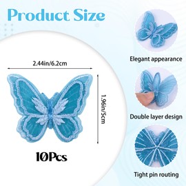 URROMA Lace Butterfly Trim, 10Pcs Blue 3D Nylon Butterfly Appliques Sewing On Double Layers Lace Patches Double Organza Layers Fabric for Bouquets
