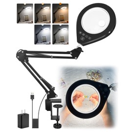 Lighted Magnifying Glass, 10X & 5X Magnifying Glass with Light, Dimmable Magnifier with Lamp, Adjustable 10 Level Brightness and 5 Color Desktop Clamp Magnifiers for Craft Painting Workbench (White)