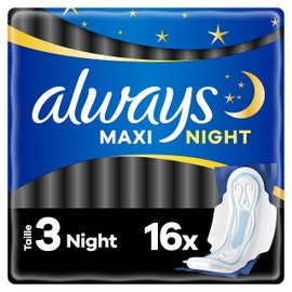Always Always Maxi Sanitary Towels, Size 3, Night, 16 Towels with Wings, Very Abundant Night Flow, Ultra Absorbent Heart and Leak Proof Barriers