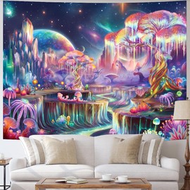 Obsecolors Blacklight Tapestry Fantasy Tree of Life Tapestry UV Reactive Galaxy Space Tapestries Colorful Plant Floral Mountain Landscape Tapestries Wall Hanging for Bedroom