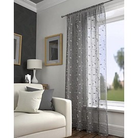 Harrogate Leaf Floral Grey Slot Top Voile Net Curtain Panel (55" Wide x 48" Drop)