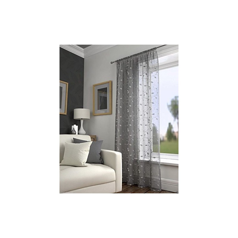 Harrogate Leaf Floral Grey Slot Top Voile Net Curtain Panel