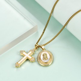 14k Gold Plated Cross & Shell Inlaid Miraculous Medal Pendant Necklace for Women,Catholic Religious Jewelry Gifts for Baptism,First Communion,Confirmation
