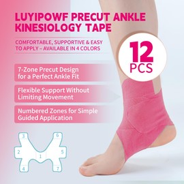 LuYiPowf Precut Kinesiology Tape for Ankle – Water-Resistant Sports Tape for Active Comfort and Stability – 4 Color Options (Hot Pink, 12PC)