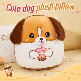 WEWILL 12‘’ Cute Soft Puppy Plush Pillow Drinking Boba Tea Adorable Dog Stuffed Animal Pillow Birthday Valentines for Toddler Kids Boys Girls