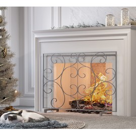 Kingson Single Panel Decorative Fireplace Screen Stand Alone Cover Handcrafted Durable Metal Mesh, Heat-resistant Free Standing Fire Spark Guard Mesh 37.8" L x 8.8" W x 30.7" H Pewter