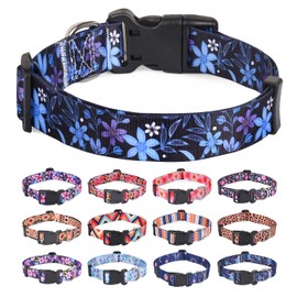 HQYDDMI Nylon Dog Collar, Adjustable for Cats, Puppies, Small, Medium and Large Dogs, with Flower Pattern (Blue Flowers, M)