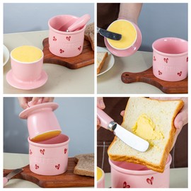YumiPLUS Ceramic Butter Crock with Spreader Knife, Cute French Butter Dish with Lid, Porcelain Butter Keeper for countertop, Round Butter Container, Butter Jar for Kitchen (Pink Love, Standard)