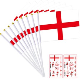 50PCS St Georges Hand Flags - England St George's Cross Handheld Flags with Pole Small Hand Waving Bunting for St George's Day Sport Event Rugby Football Party Decorations (Bonus 2pcs Tattoo Stickers)