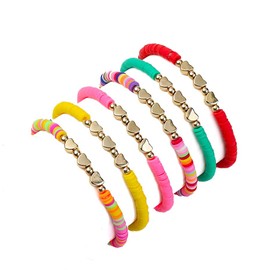 COLORFUL BLING 6Pcs/Pack Gold Beaded Bracelet Rainbow Vinyl Disc Ball Srting Stretch Heart Shaped Bracelets Cuff Bangle Set for Women Girls Jewelry, beads, bead