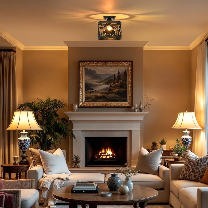 MLGB Rustic Deer & Bear Semi-Flush Mount Ceiling Light, Farmhouse