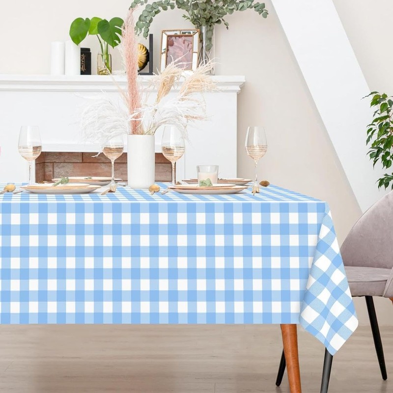 Light Blue Checkered Tablecloth, 54 ×108 Inches Rectangle Blue Disposable