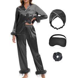 MORFORU Satin Pajama Set for Women Feather Trim Long Sleeve Pjs with Sleep Mask Headband Scrunchie Sleepwear Lounge Set (Black/M)
