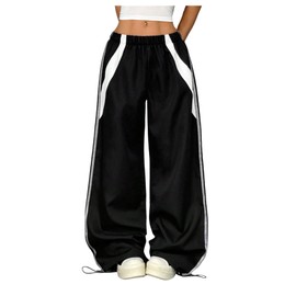 BEAUDRM Women's Striped Baggy Pants Elastic Waist Wide Leg Track Parachute Pants Casual Oversized Sweatpants Streetwear Black X-Large