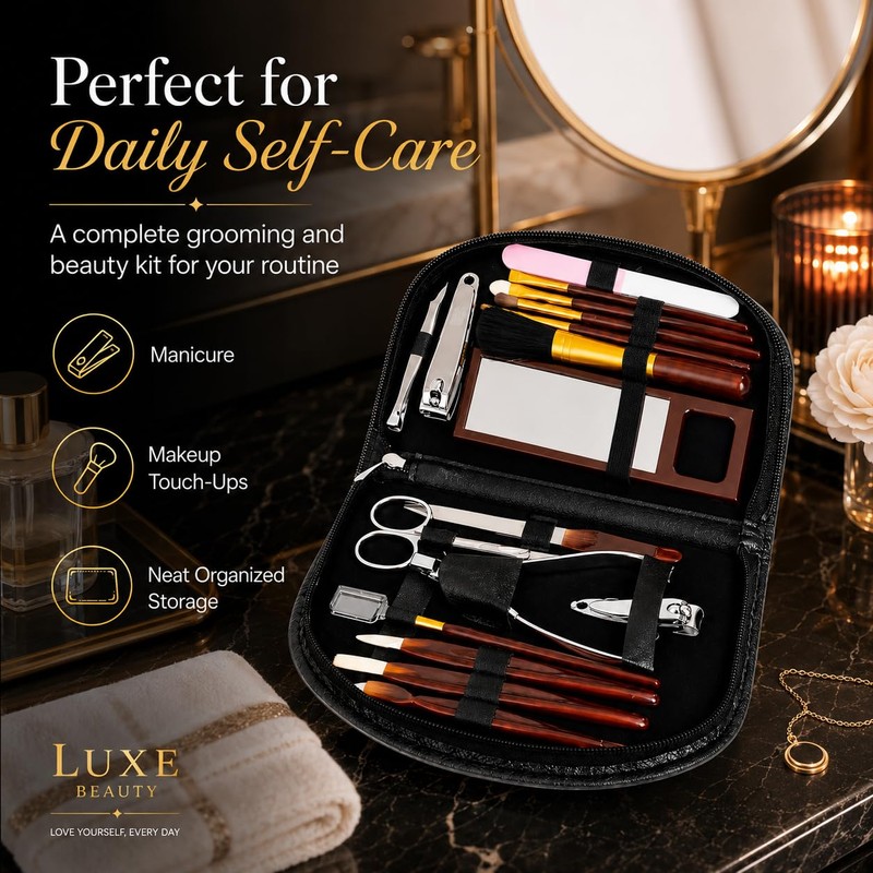 18 Piece Ladies Manicure & Makeup Set in Black Zipped
