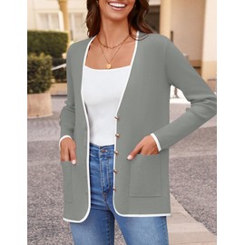 ZESICA Women's Fall Fashion Cardigan Sweaters Long Sleeve Button Open Front Color Block Coatigan with Pockets Grey S