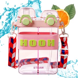 Water Bottle, 800Ml Kids Water Bottle with Straw, Double Side 2in1 Protable Plastic Water Bottle with Straw, Portable Leakproof Water Bottle with Strap & Stickers Include (Pink)