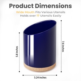 KITEISCAT Large Ceramic Utensil Holder for Kitchen Counter, Modern Crock with Slanted Top & Cork Mat, for Spatulas & Cooking Spoons, Blue