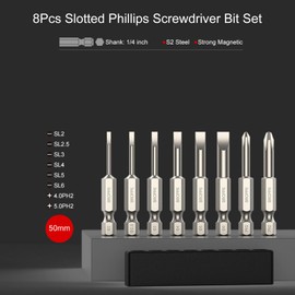 Rarapop Slotted Phillips Screwdriver Bit Set 8Pcs Flat Slotted and Phillips Cross Head 1/4 Inch Hex Shank 2 Inch/50 mm Length S2 Steel with Magnetic for Screwdriver Drill Impact Driver (8Pcs 50mm)