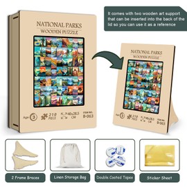 Wooden National Parks Puzzle for Adults 210 Pieces, Travel Poster Landscape Puzzle Including Yellowstone Zion Acadia Yosemite, Wooden Jigsaw Puzzles Nature Scenery Mountain Scene