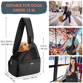 Lukovee Dog Slings for Small Dogs, Hard Bottom Support & Adjustable Soft Padded Shoudler Strap Dog Sling Carrier, Dog Purse with Button Closure & Zipper Pockets (for Pets 6-12 lbs, Black)
