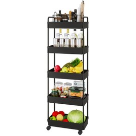 Buzowruil Rolling Storage Cart 5 Tier Organizer Mobile Shelving Unit Storage Rolling Utility Cart with Wheels for Kitchen Bathroom Laundry,Black