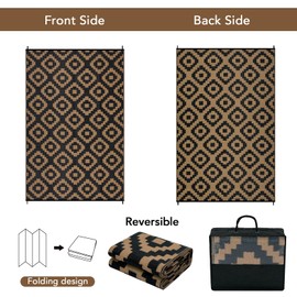 GlowSol Waterproof Outdoor Rug 9x18 Reversible Outdoor Plastic Straw Rug Camping RV Carpet Outside Modern Geometric Foldable Patio Mat for Porch,Deck,Backyard,Balcony,Picnic,Beach,Black Brown