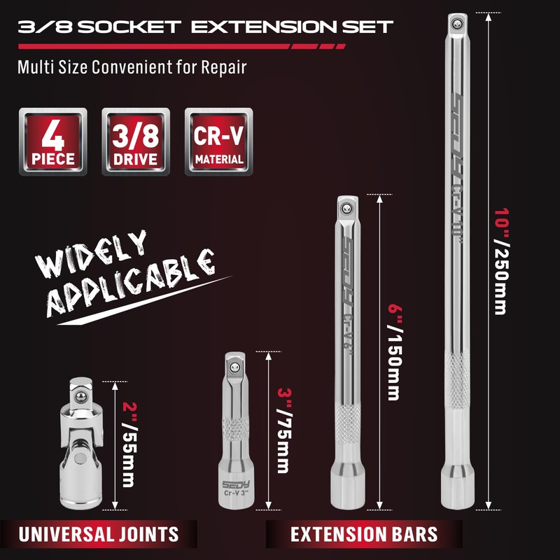 4-Piece 3/8" Drive Socket Extension Bar Set, Professional Socket Extension