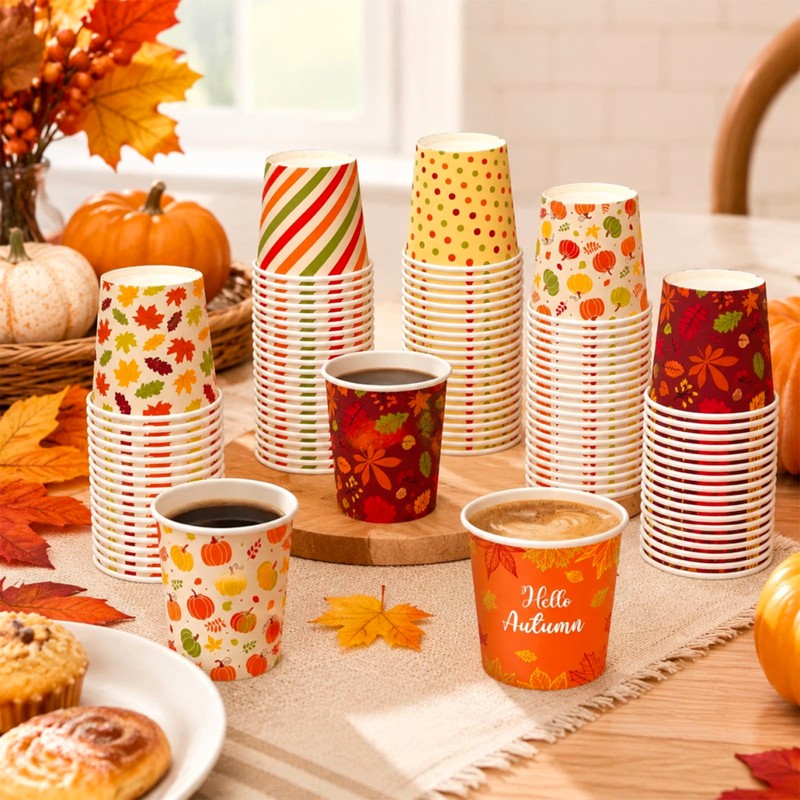 300Pcs Fall Thanksgiving Paper Cups 4Oz Colorful Pumpkin Maple Leaves