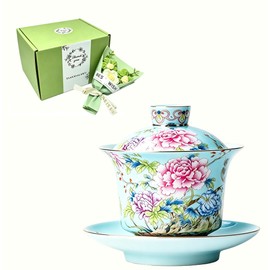 Elegant Enamel Glaze and Traditional Craftsmanship Gaiwan, 5.4oz/160ml Large Gaiwan, China Blue and White Porcelain Kung Fu Tea Cup and Saucer with Lid, Handmade Ceramic Teacups Tea Bowl Set