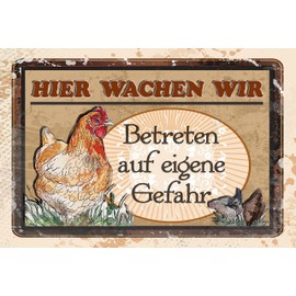 Weatherproof 30 x 20 cm Aluminium Dibond Chicken Coop Sign, Chicken Yard, Farm Decorative Metal Sign "Hier wachen wir "