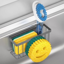 MURLONG Sponge Holder Smiley Face,Sink Caddy for Kitchen Sink,Sponge Holder with 2 PCS Suction Cups/1 PCS Adhesive Strips,Designed for Sponge,Soap,Dish Brush,Scrubber-Charcoal Gray