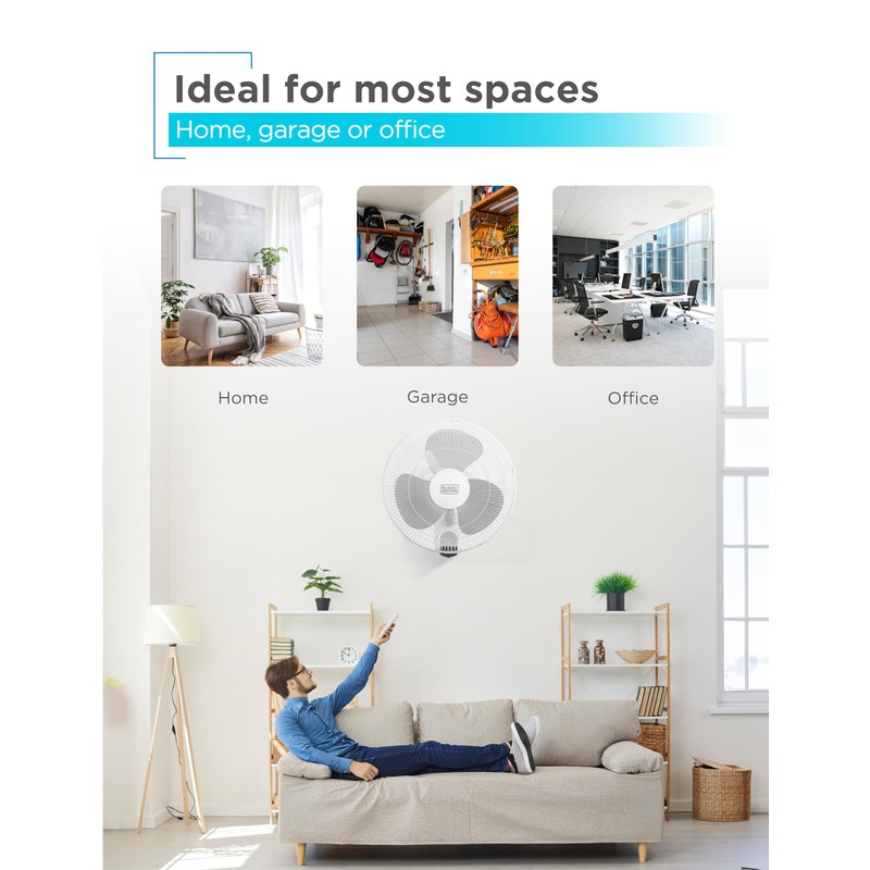 BLACK+DECKER 16" Wall Mount Fan With Remote Control, Oscillating With