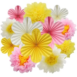 BestoFun 12PCS Paper Flowers Fans Pink Yellow Party Decorations Tissue Paper Flowers Decorations for Girl Groovy Birthday Baby Shower Wedding Bachelorette Room Wall Hanging Décor