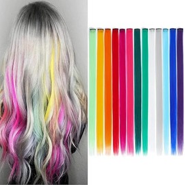 PacuM 10 Pcs Colored Clip in Hair Extensions 19 inch Colourful Hair Extensions Kids Synthetic Straight Hair Piece for Girls Women Party Hair Decor (Violet, White Gray, Rose Red, Light Purple, Beige)