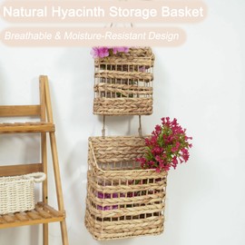 Wall Hanging Basket, Handwoven Water Hyacinth Storage Baskets, Rustic Farmhouse Woven Wall Decor, Double Basket Organizer for Home, Kitchen, or Door Decor (Small & Large Size)