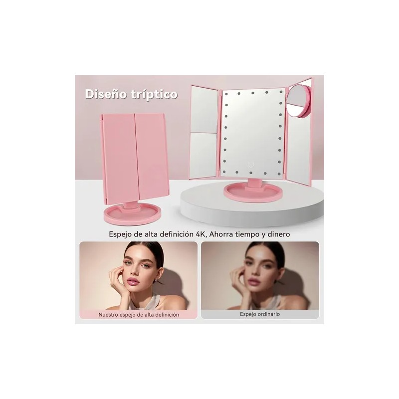 Espejo Maquillaje Luz Tríptica Aumentos 10x/3x/2x Plegable 22 Leds De