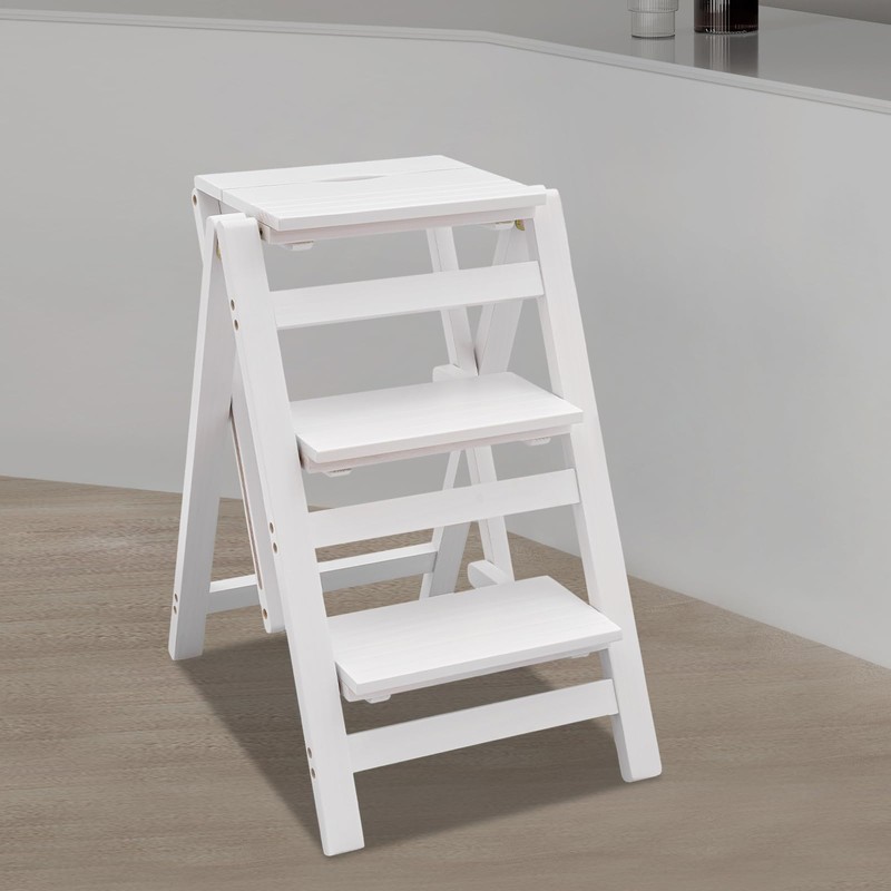Hteedy Folding Step Ladder, White Folding Step Ladder 3-Layer Folding