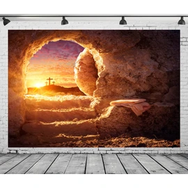 CORFOTO 10x8ft Fabric Empty Tomb of Jesus Backdrop Photography Holy Light and Cross at Sunrise Background Christian Church Events Decorations Easter Day Banner Photoshoot Booth Studio Props