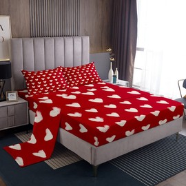 Red White Bed Sheets King Size Cute Heart Pattern Bedding Set for Kids Boys Girls Valentine Day Gift Fitted Sheet Cartoon Love Geometric Flat Sheet Love Heart Soft Warm Sheet Sets Bedroom Decor 4Pcs