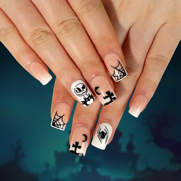 Clataly Pack of 24 Halloween Fake Nails Spider Web Ghost Moon Cross Skeleton Artificial Nail Press on Nails for Women Girls (C)