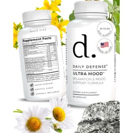Daily Defense Mood Support Supplement - Ultra Mood 60 Count Mood Enhancer with Calcium Carbonate, Folic Acid, GABA, 5-HTP, Ashwagandha Root Extract & More - Non GMO Mood & Relaxation Supplement